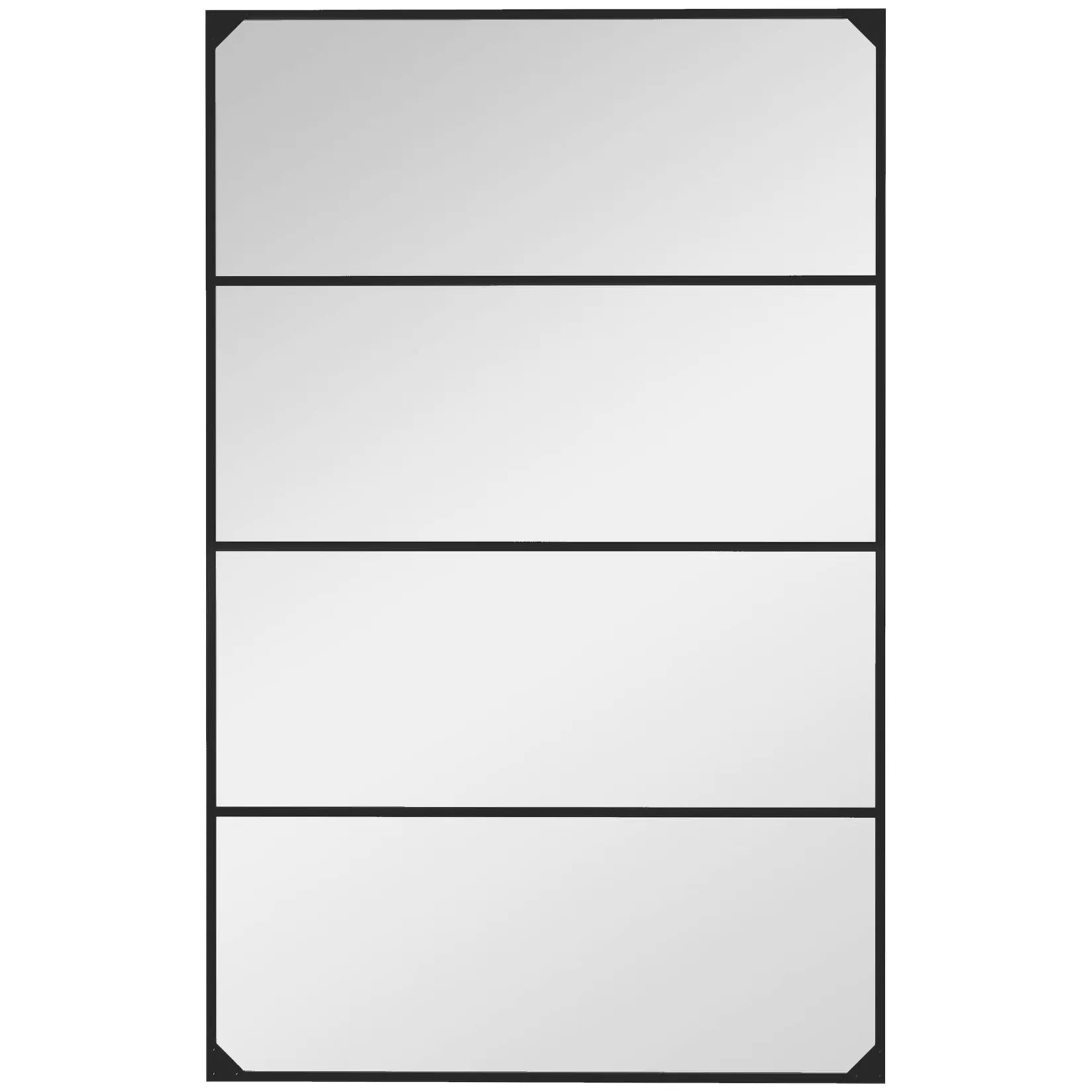 Miroir style industriel 4 panneaux verrière cadre métal noir fond blanc.