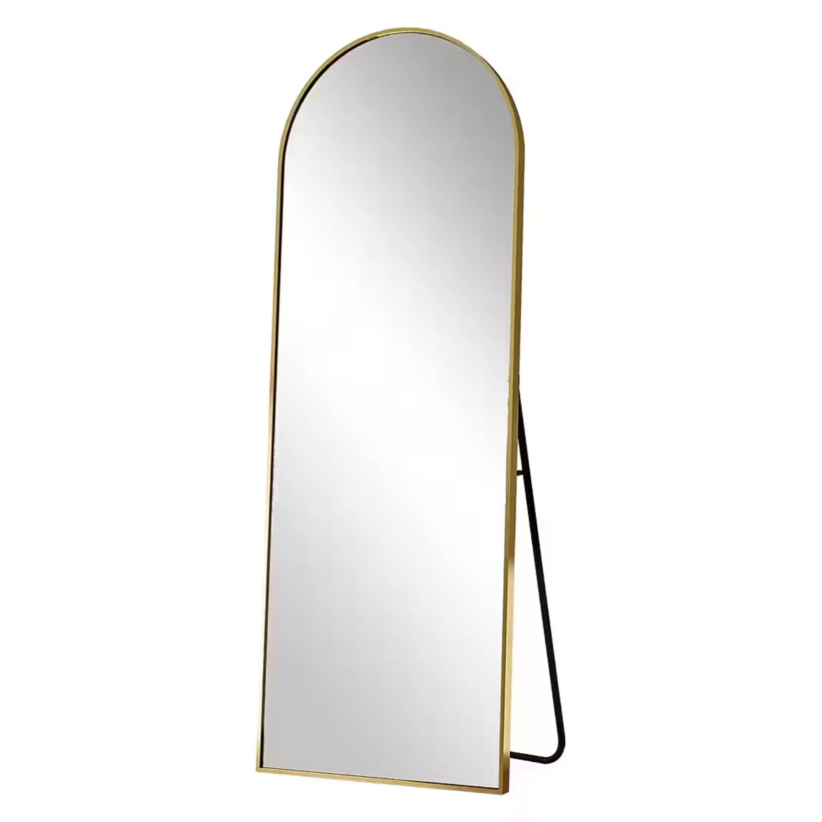 Miroir sur pied arrondi avec cadre doré, design moderne.
