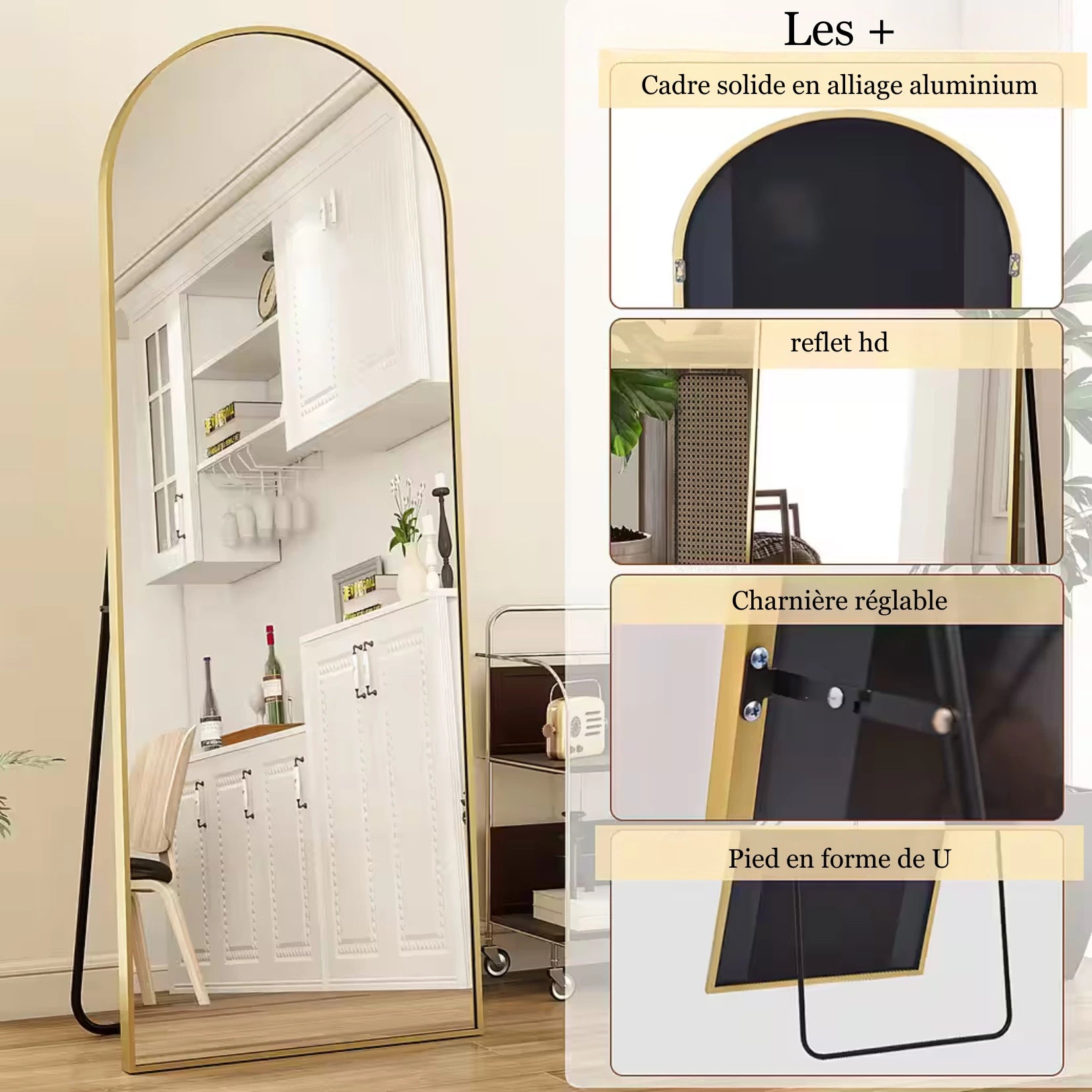 Détails techniques du miroir sur pied arrondi avec cadre en aluminium.