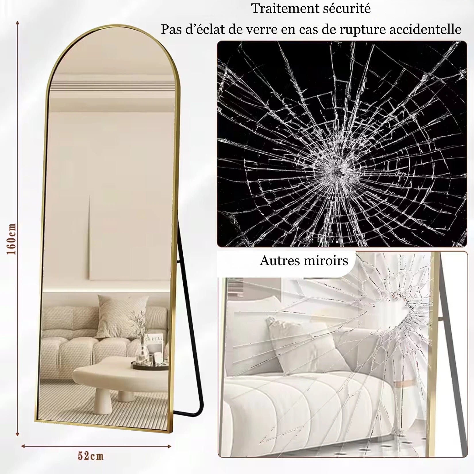 Miroir sur pied arrondi avec traitement de sécurité pour éviter les éclats.