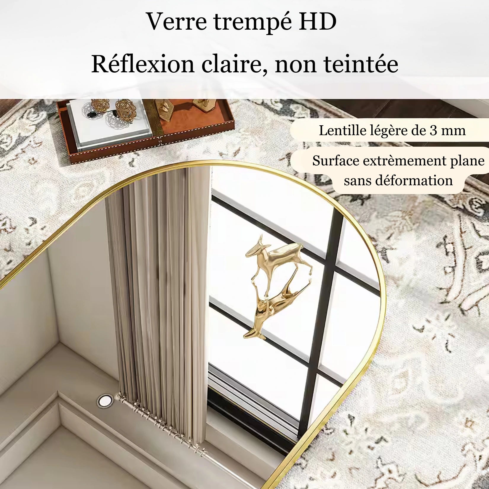 Miroir sur pied arrondi avec verre trempé haute définition.