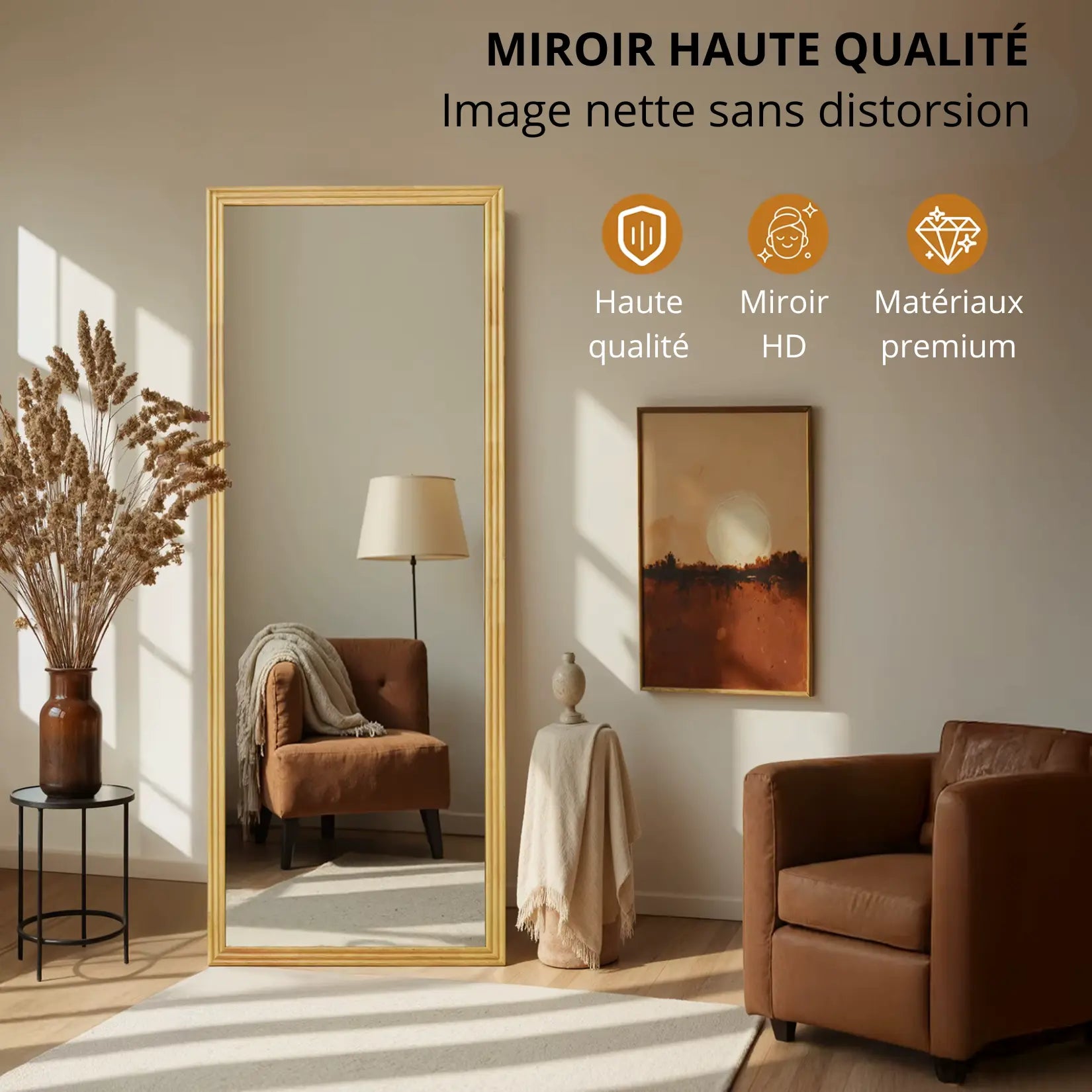 Miroir sur pied bois avec verre HD et image nette.