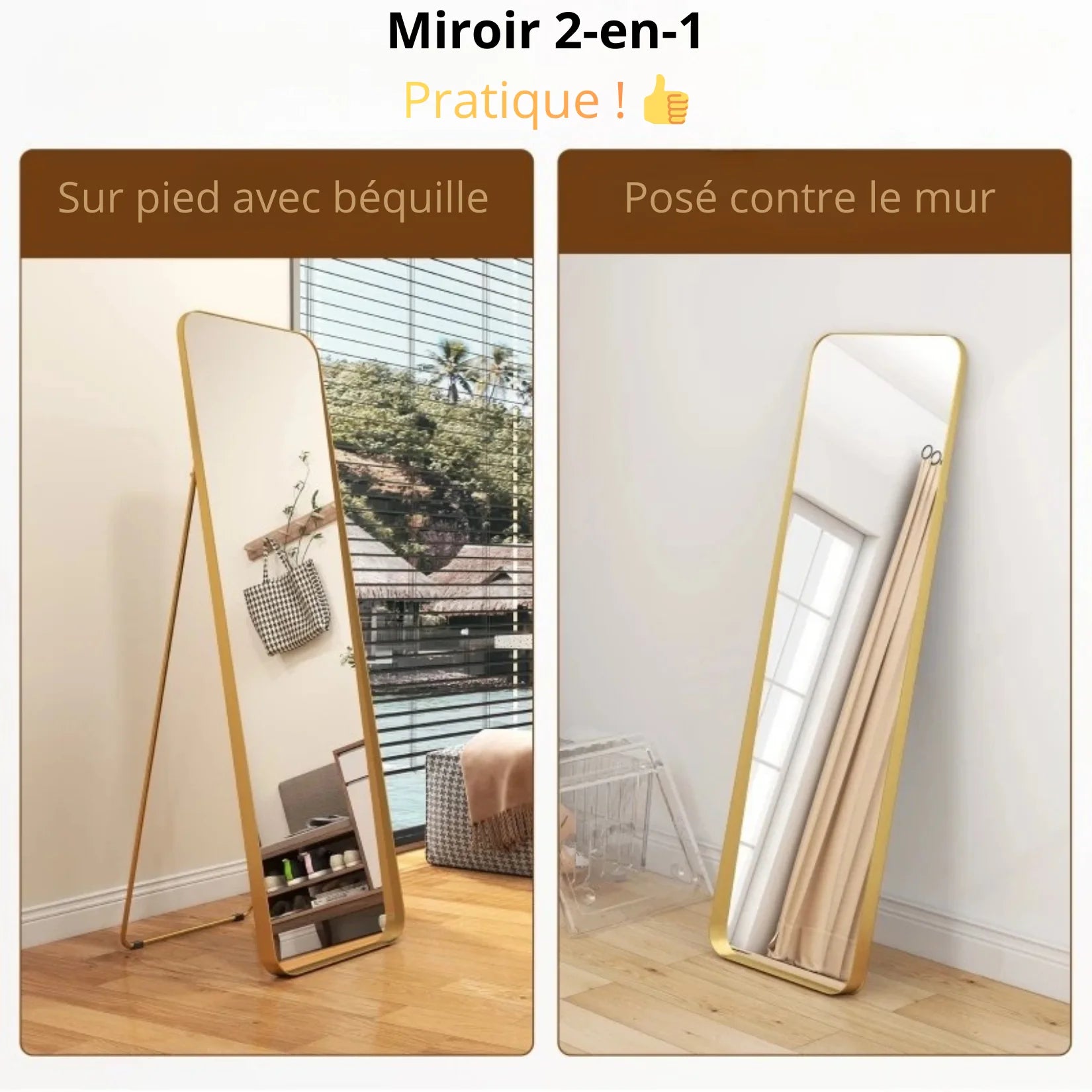 Miroir Sur Pied Doré 2-en-1 Béquille et Mur.
