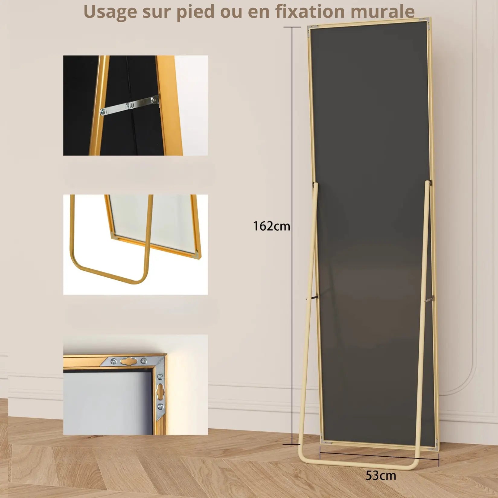 Miroir sur pied doré présenté avec ses dimensions 162x53 cm et options de fixation murale.