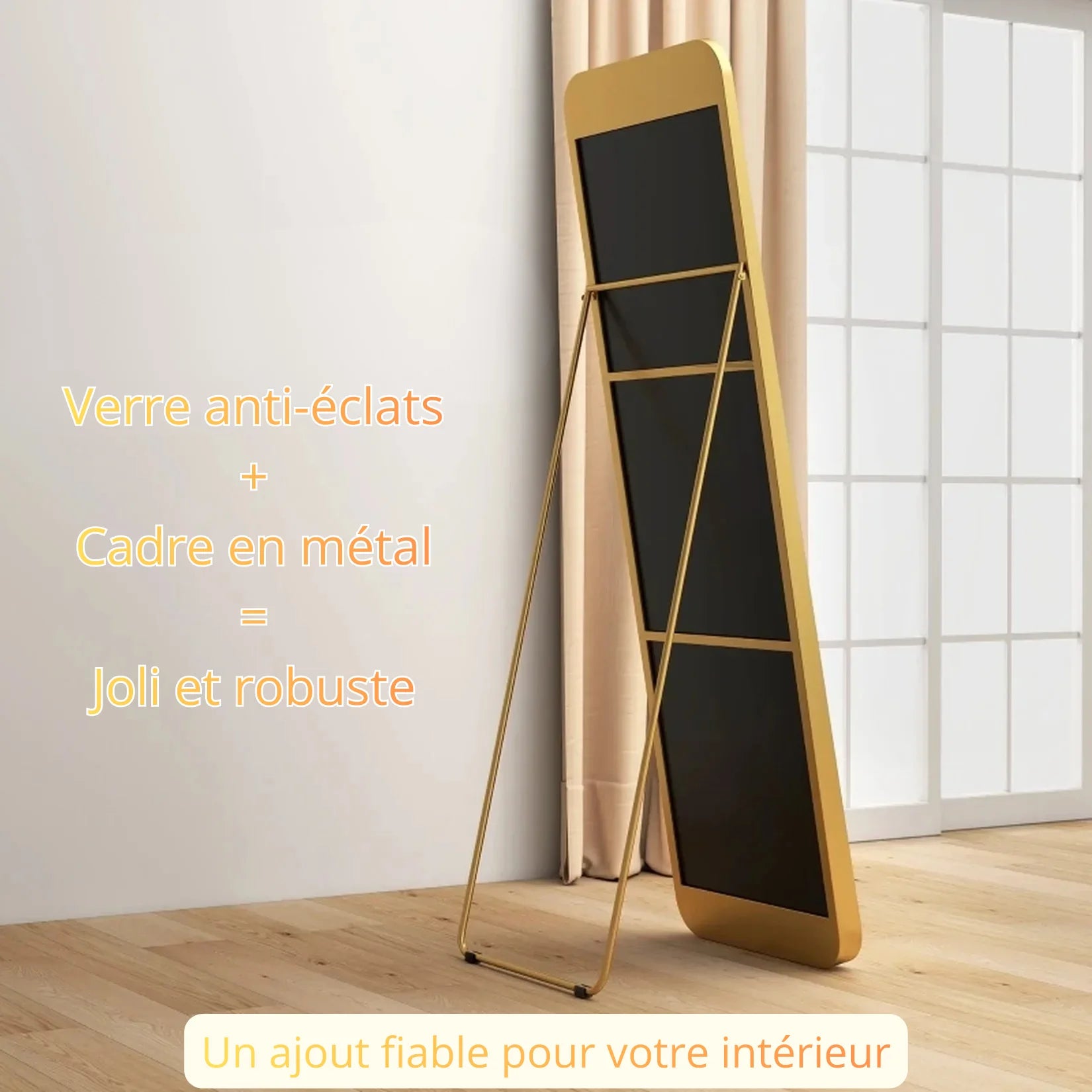 Miroir Sur Pied Doré Structure Arrière Métal.