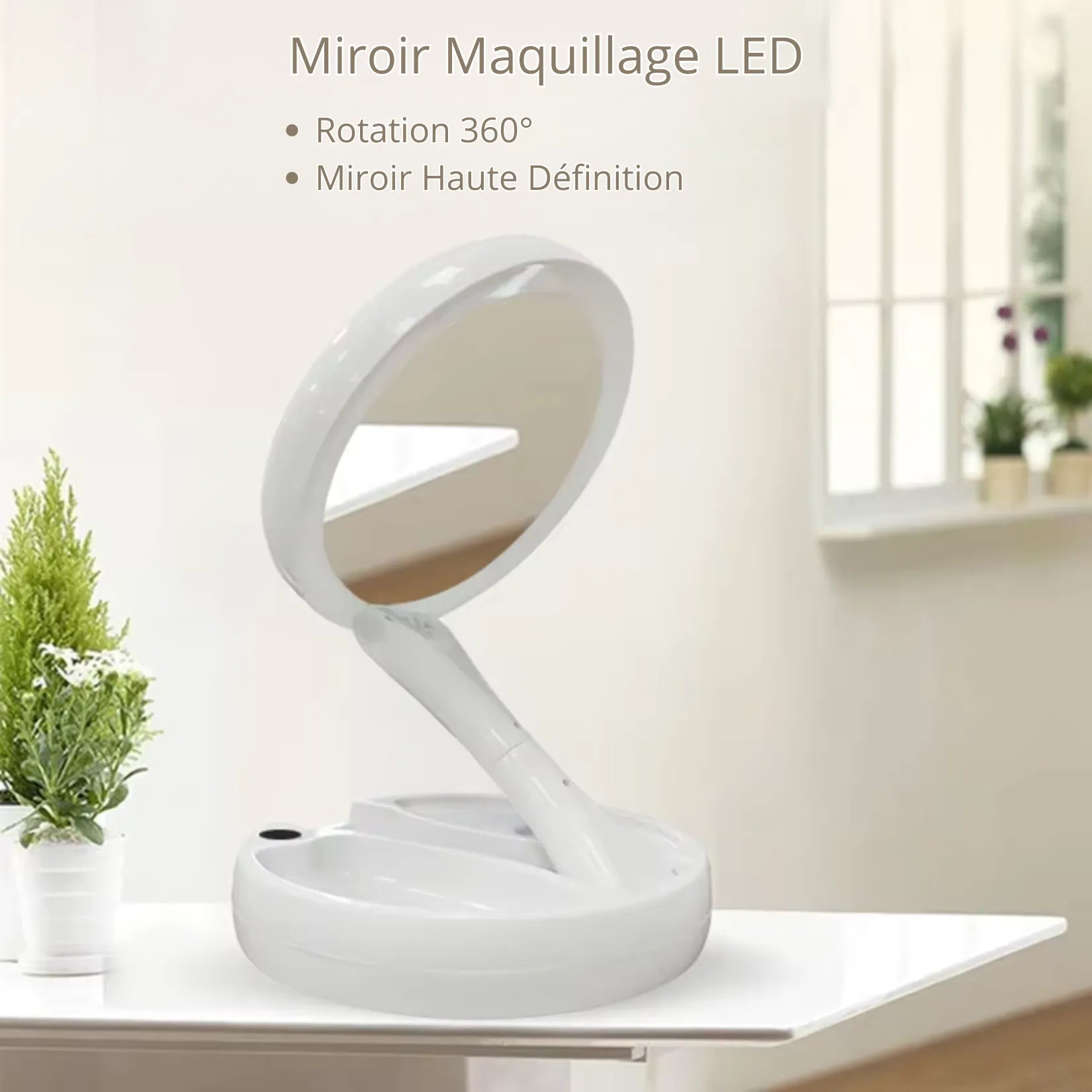 Miroir sur Pied Grossissant avec base de rangement pour bijoux et cotons.