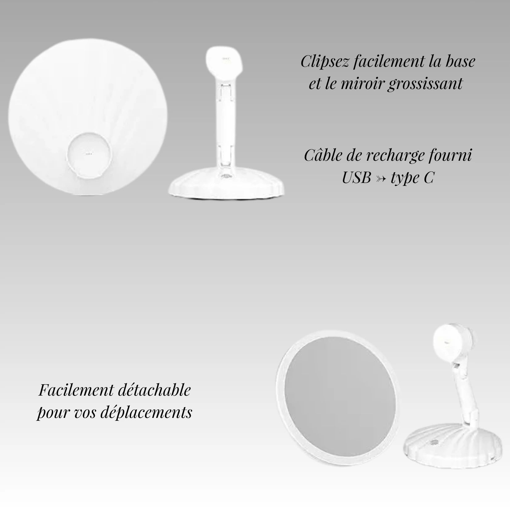 Miroir sur pied grossissant détachable et facile à recharger.