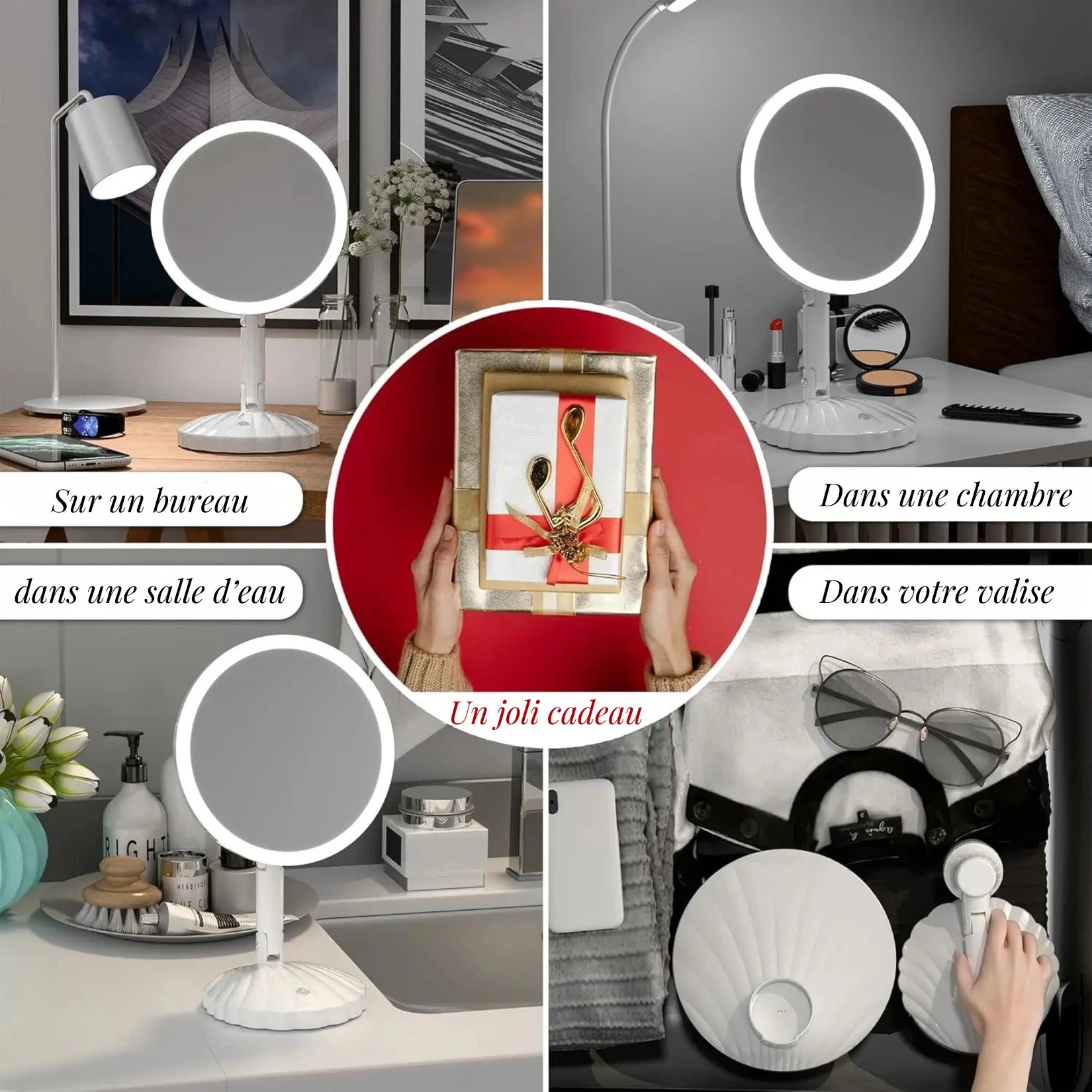 Miroir sur pied grossissant idéal comme cadeau, compact et portable.