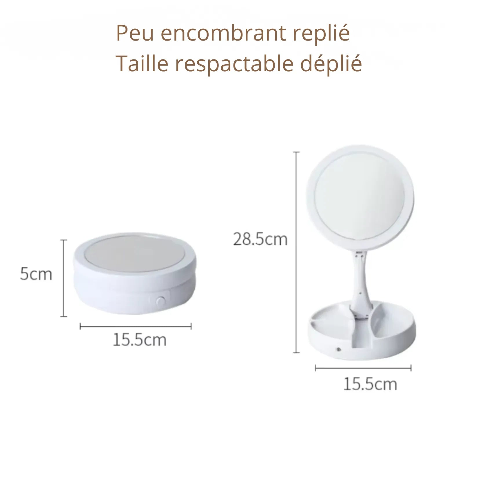 Miroir sur Pied Grossissant pliable dimensions replié et déplié.