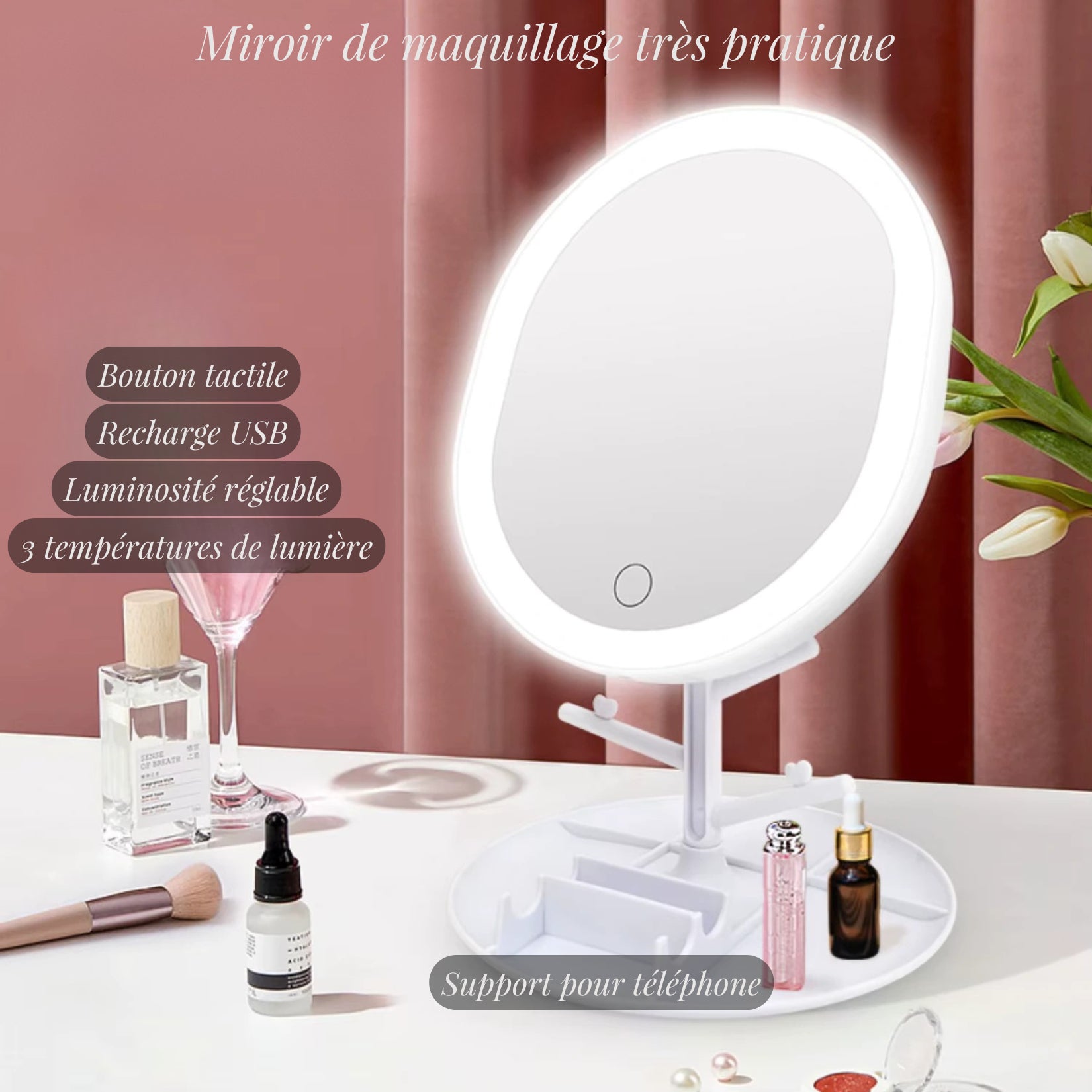Miroir de maquillage très pratique avec bouton tactile, recharge USB et luminosité réglable.