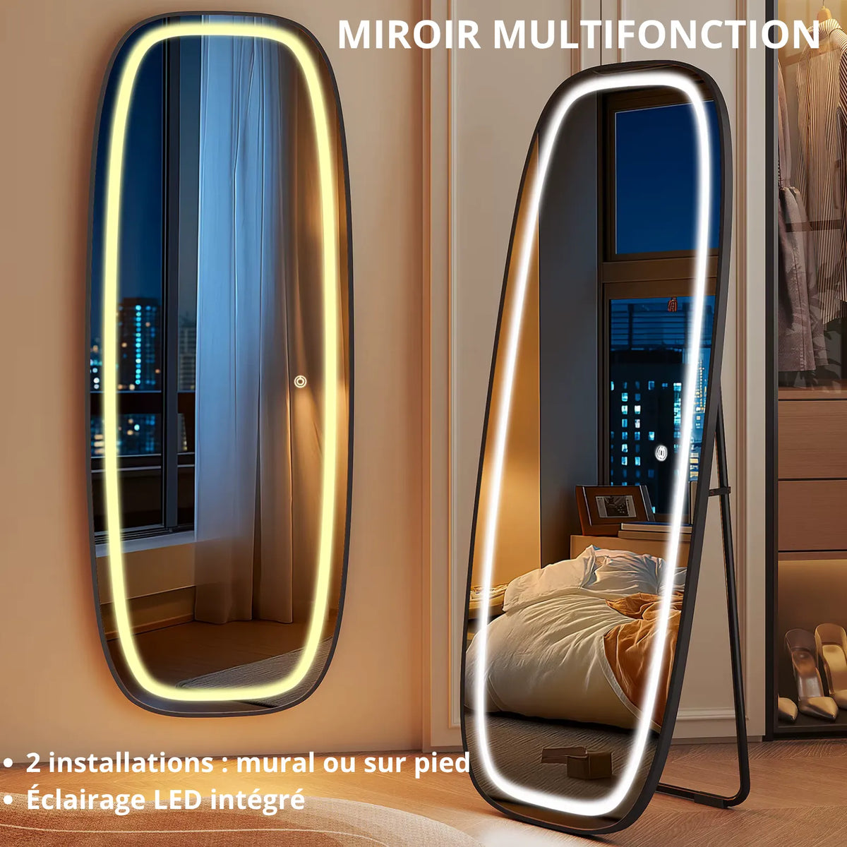 Miroir multifonction à LED : fixé au mur en lumière chaude ou posé sur son pied en lumière froide.