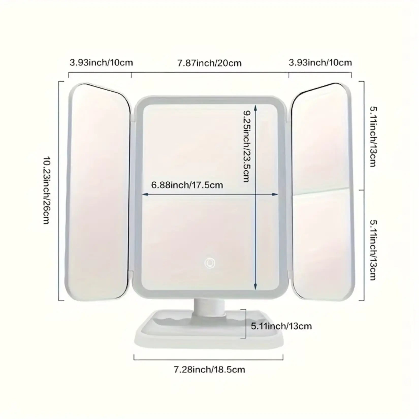 Dimensions détaillées du miroir sur pied pour maquillage, idéal pour un maquillage précis et pratique.