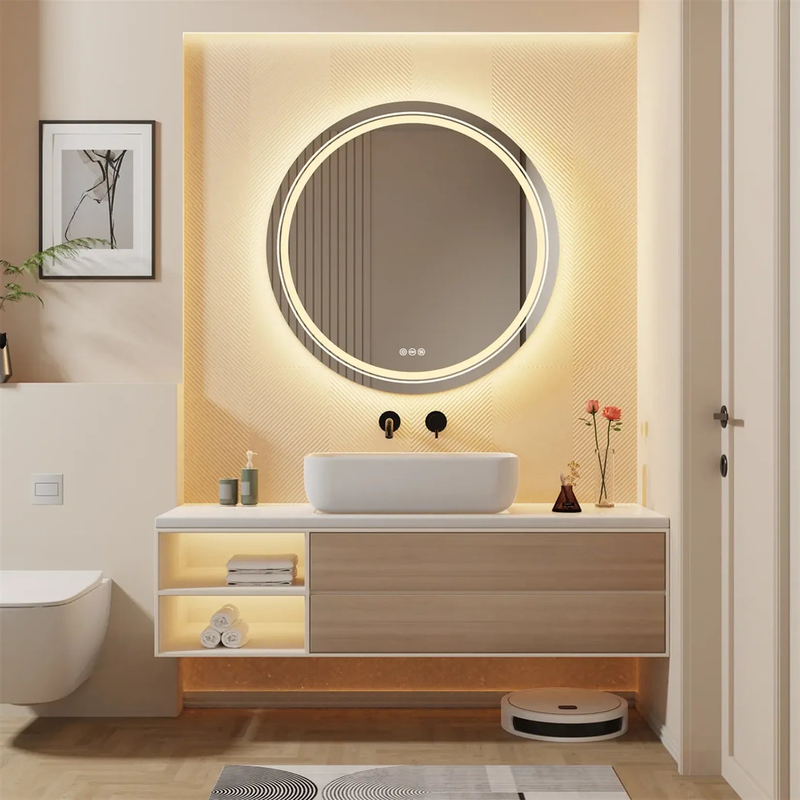 Miroir suspendu LED salle de bain lumière chaude au-dessus d'un meuble vasque bois.