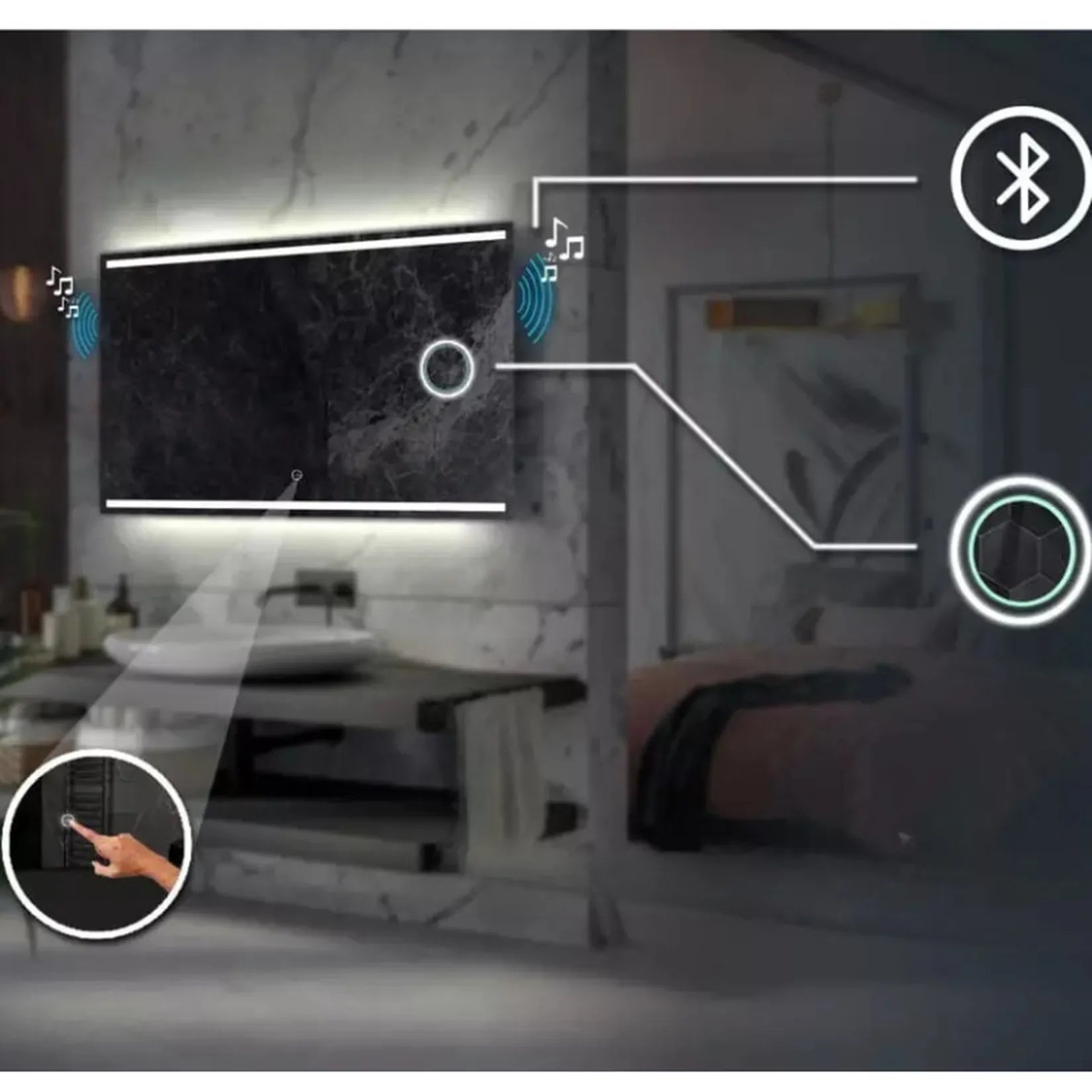 Miroir tactile de salle de bain : haut-parleurs Bluetooth, zone grossissante et commande tactile en schéma.