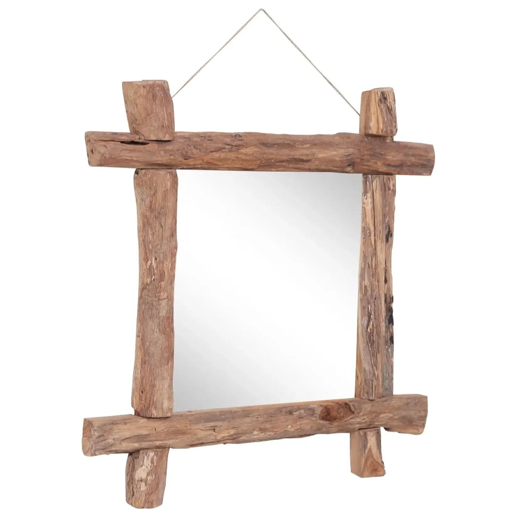 Miroir Teck Recyclé cadre troncs bois angle droit style rustique naturel.
