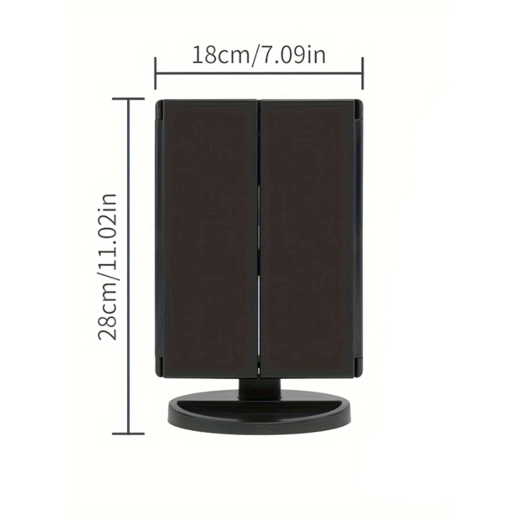 Dimensions du miroir triptyque grossissant fermé 28x18 cm.