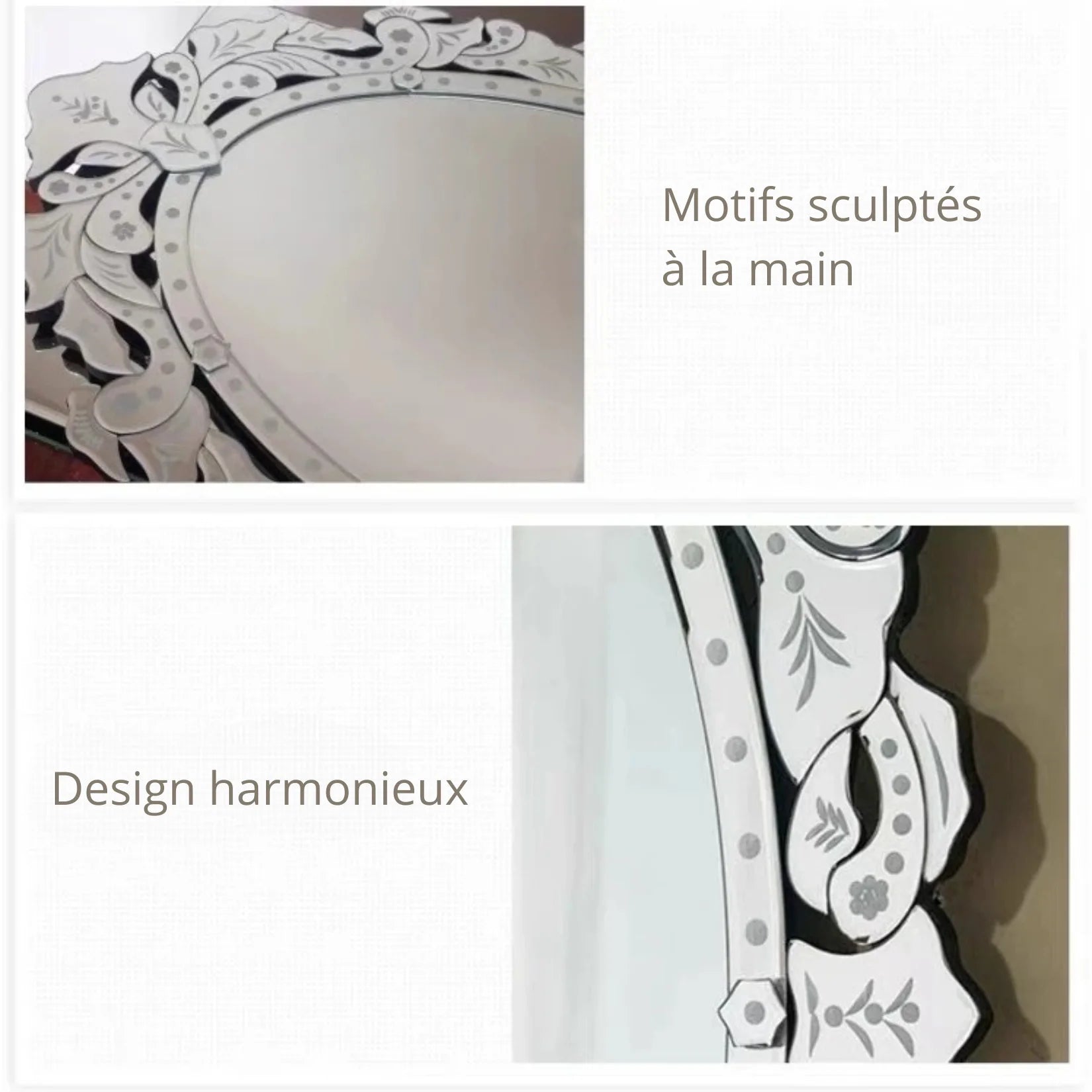 Miroir Vénitien Serenissima détails des motifs sculptés à la main.