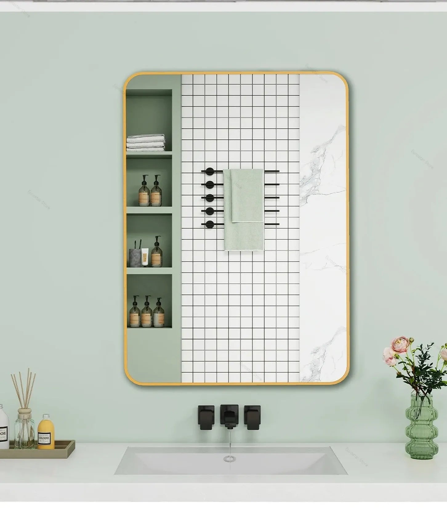 Miroir vintage salle de bain 30x40 cm cadre doré – salle de bain vert sauge.