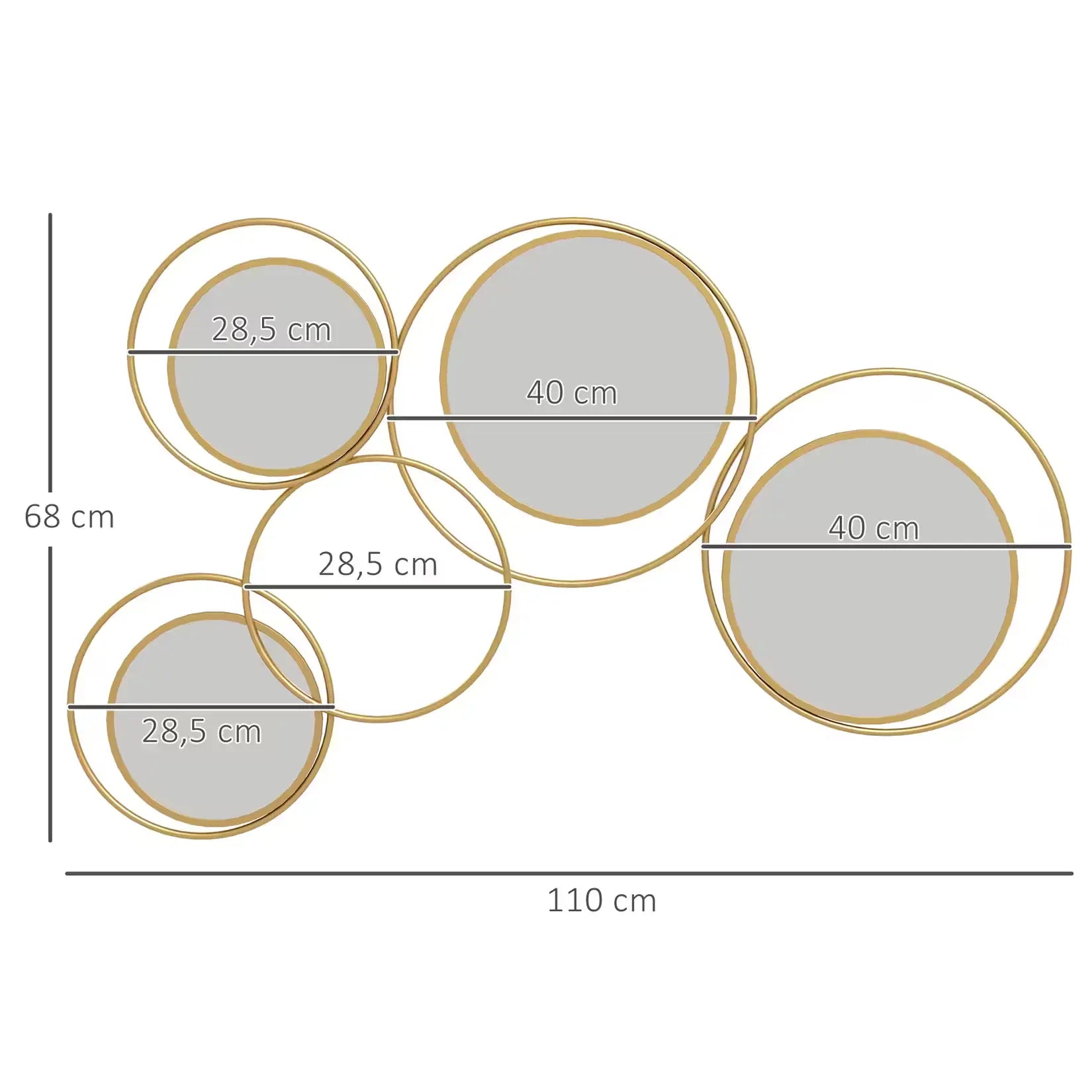 Dimensions du miroir mural ronds dorés : 110 cm par 68 cm avec détails des cercles.