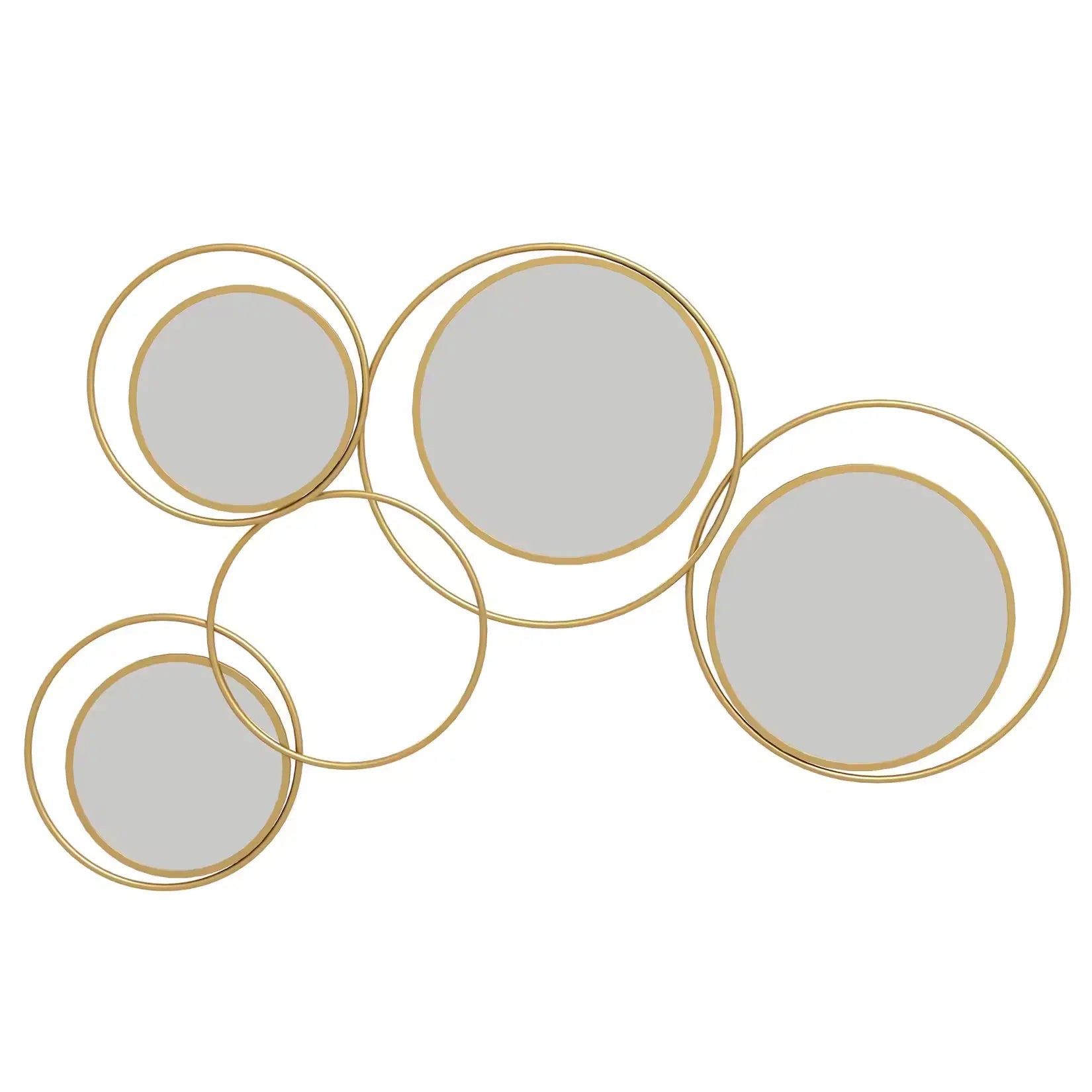 Vue complète de l’ensemble de miroirs ronds dorés sur fond blanc épuré.