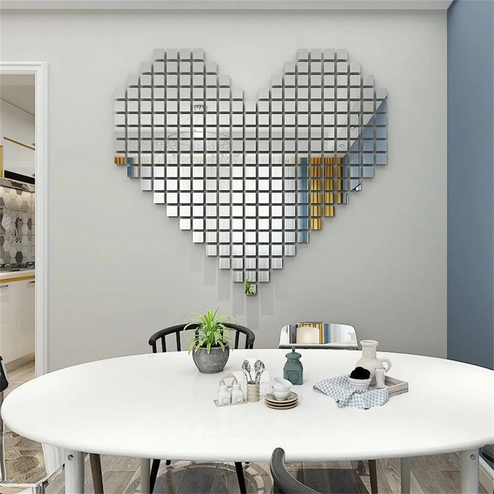 Composition murale DIY mosaïque miroir argent en forme de cœur, salon salle à manger.