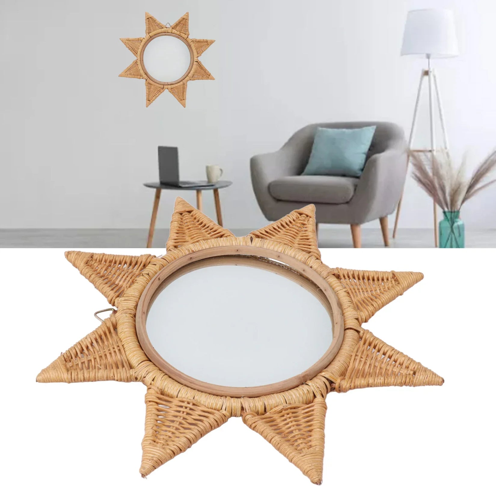Petit Miroir en Rotin Pas Cher apportant une touche de soleil et d’élégance bohème à la pièce.