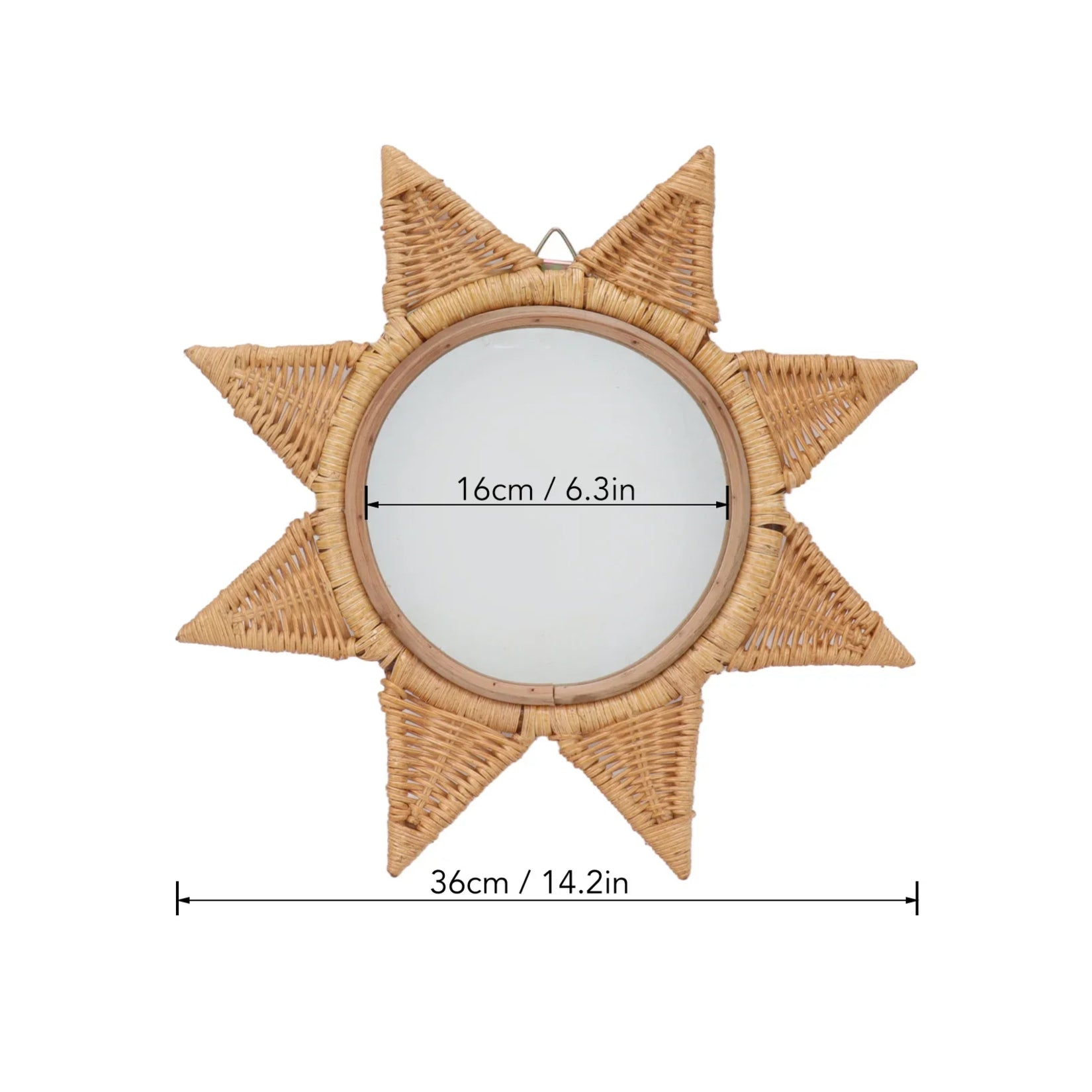 Dimensions du Petit Miroir en Rotin Pas Cher avec diamètre total et miroir central indiqués.