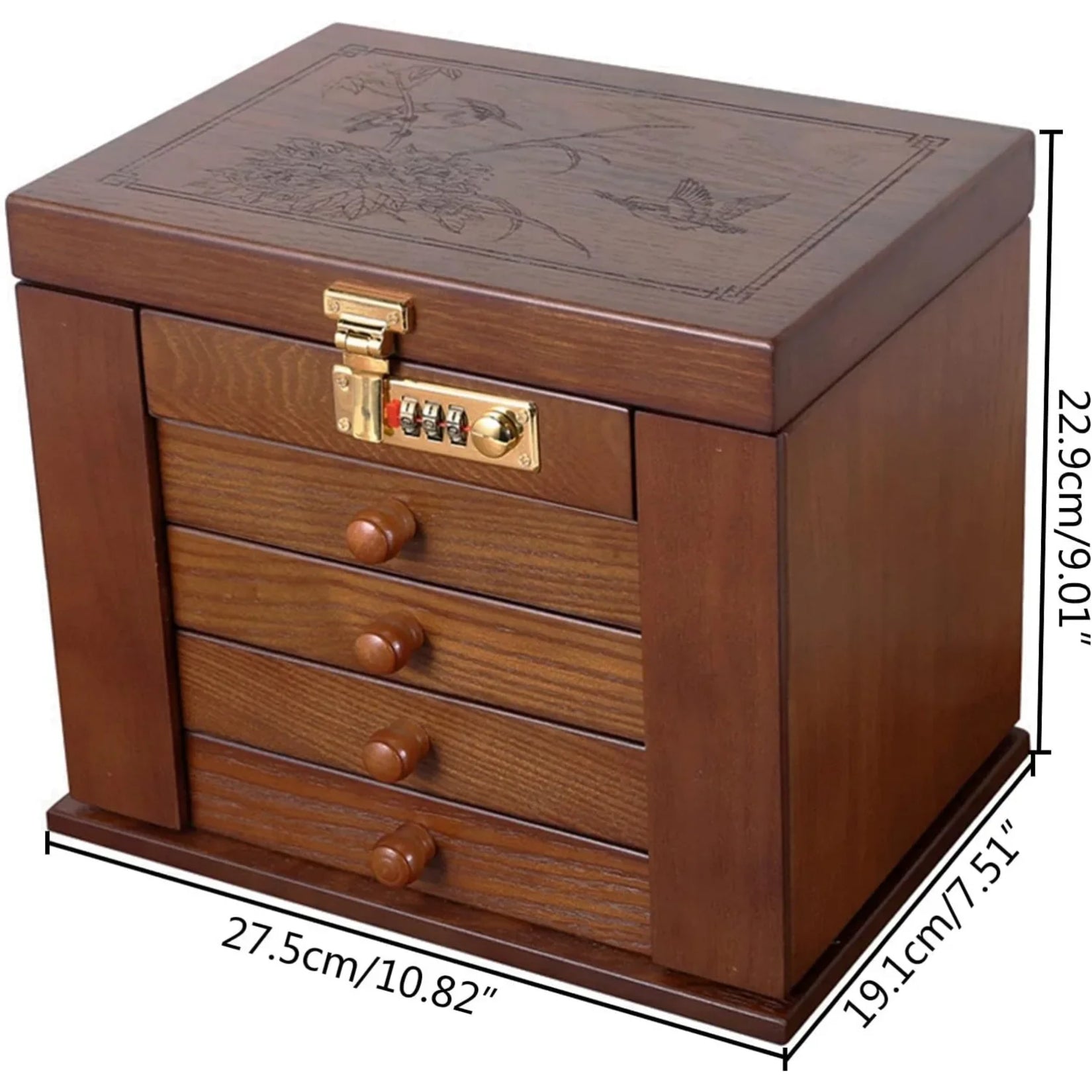 Dimensions de l’armoire à bijoux miroir en bois avec 27,5 cm x 19,1 cm x 22,9 cm.
