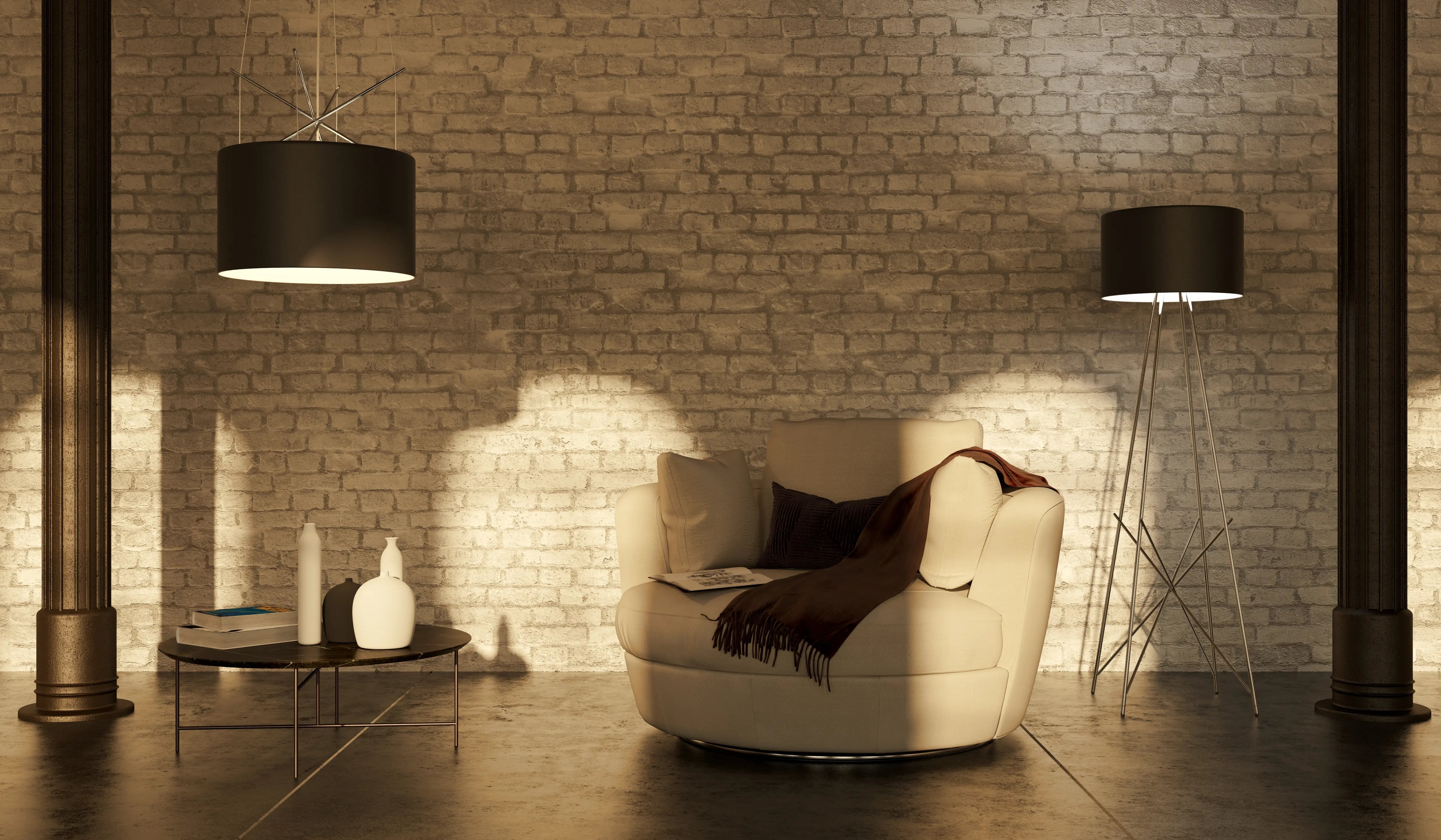 Salon de style industriel chic avec mur en brique, fauteuil design et lampadaire minimaliste avant l’ajout d’un miroir sur pied LED.