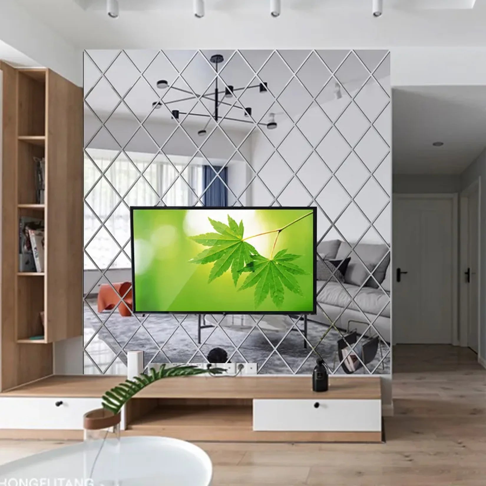 Stickers miroir mosaïque mur TV salon moderne.
