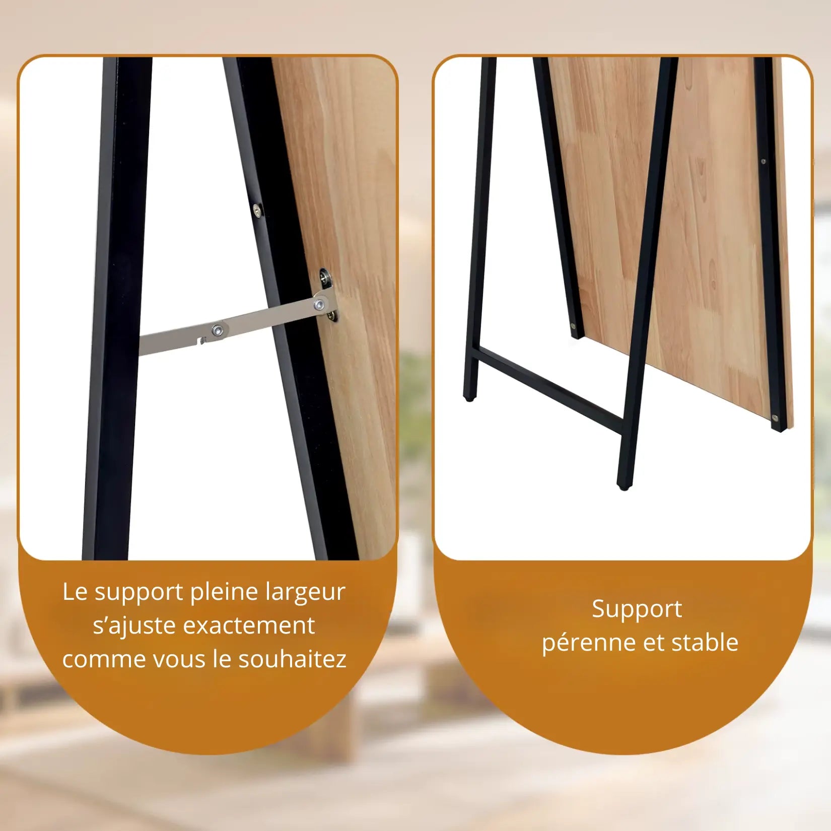 Support métallique stable du miroir sur pied bois.