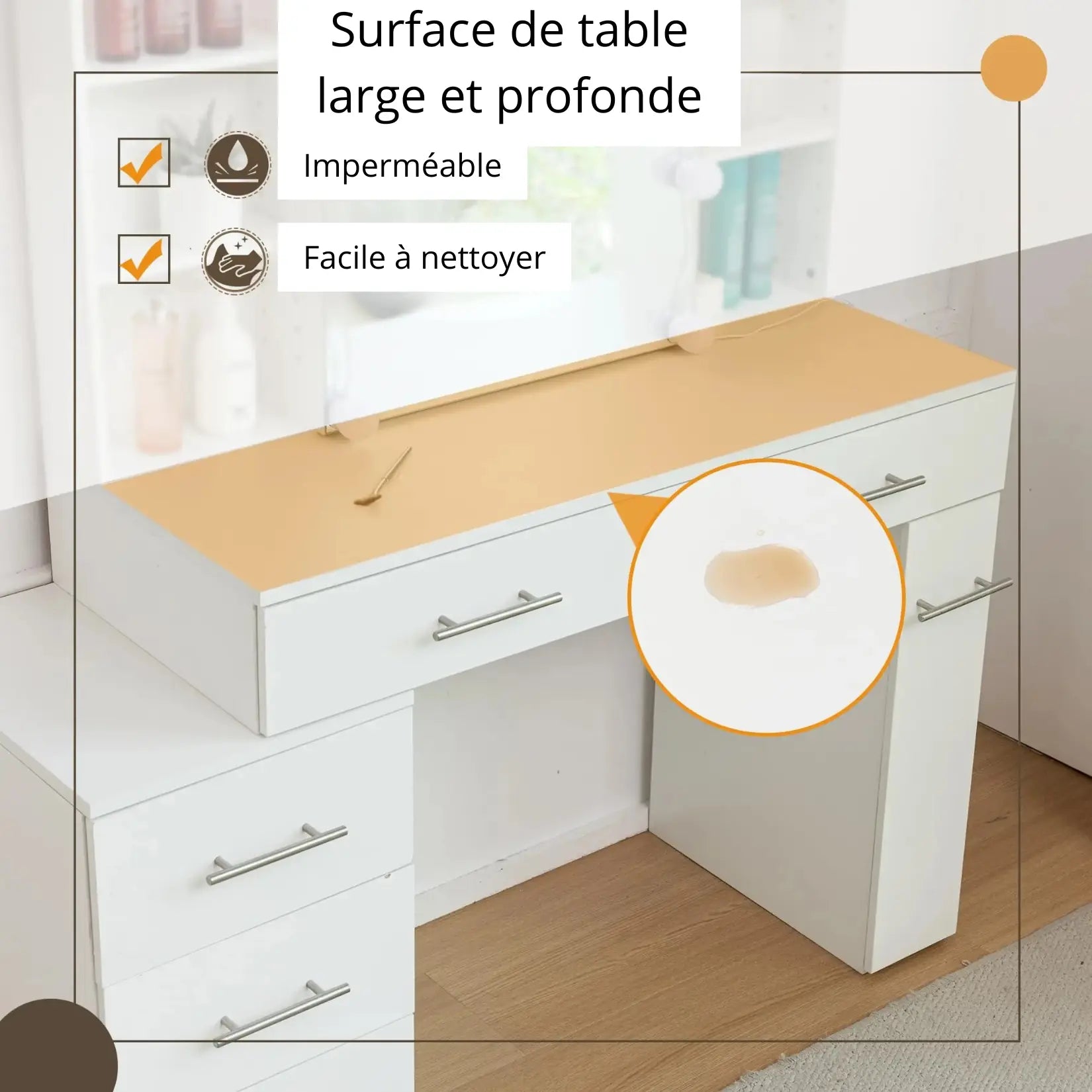 Surface de table imperméable, facile à nettoyer sur une coiffeuse miroir blanche avec tabouret intégré.