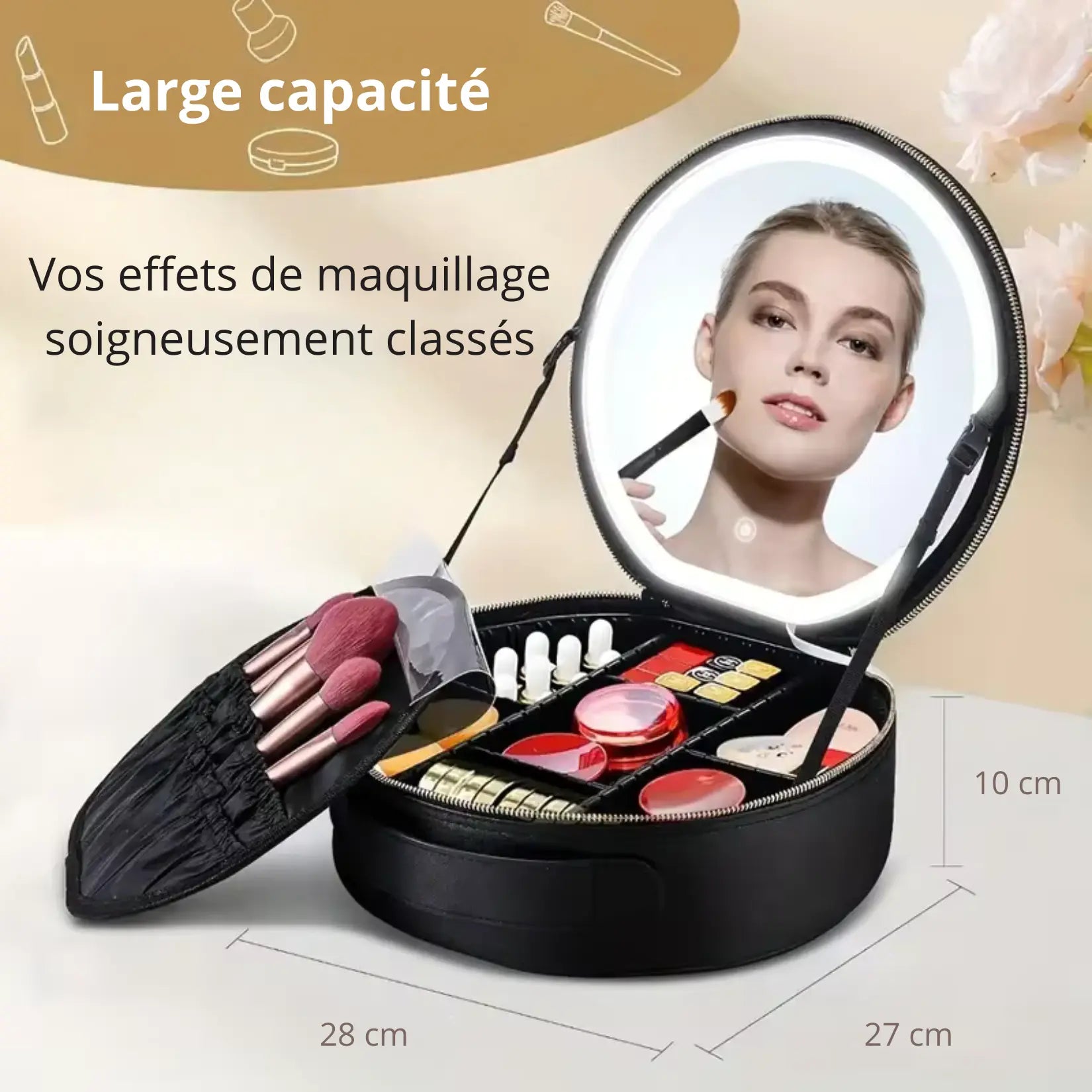 Trousse maquillage avec miroir LED grande capacité 28x27x10 cm avec rangement optimisé.