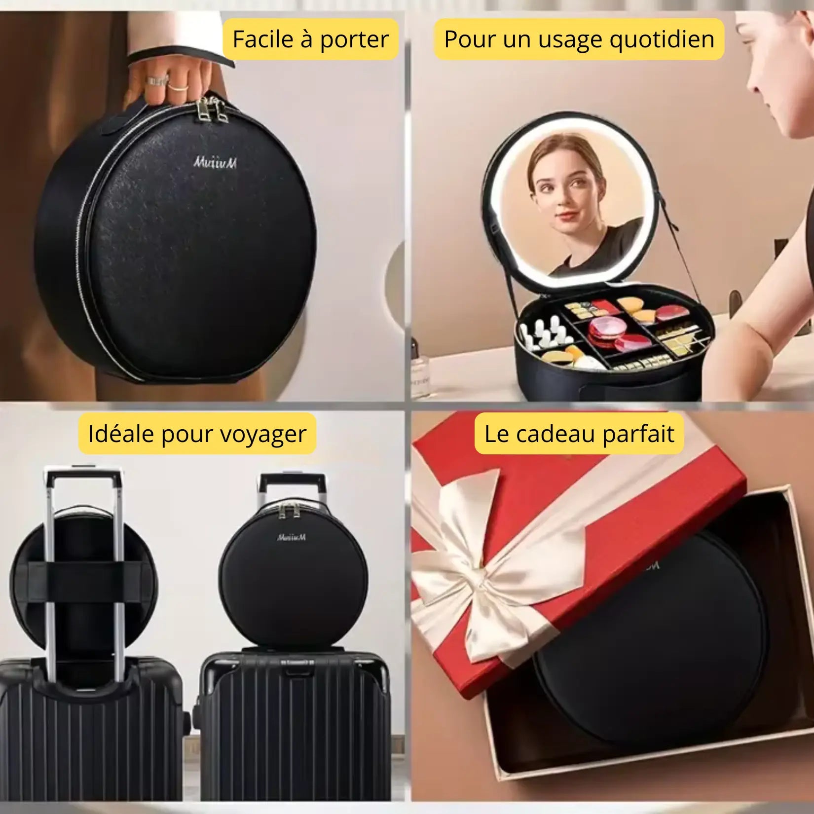 Trousse maquillage avec miroir LED portable idéale pour voyager avec organisation.