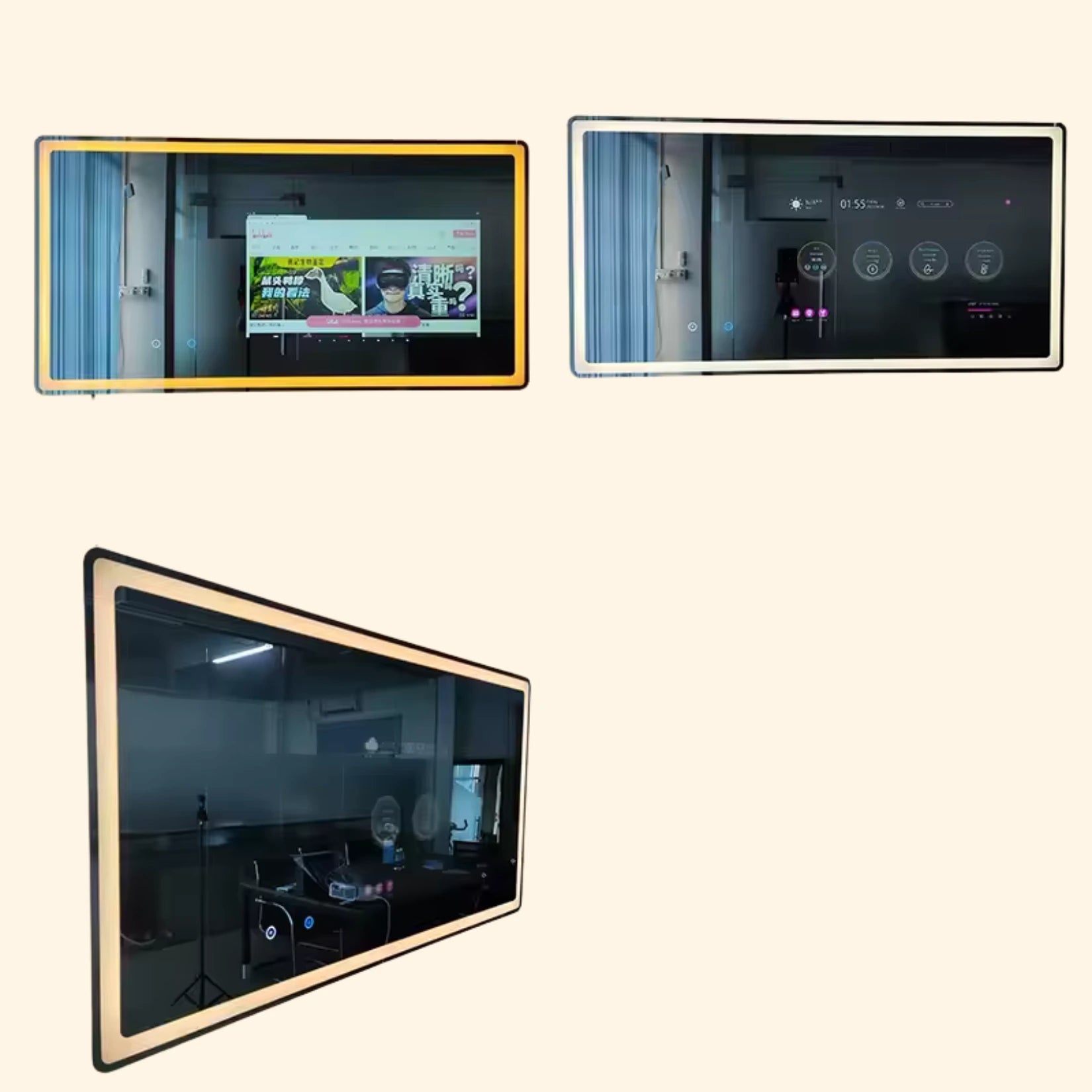 TV miroir salle de bain multifonction en mode veille.