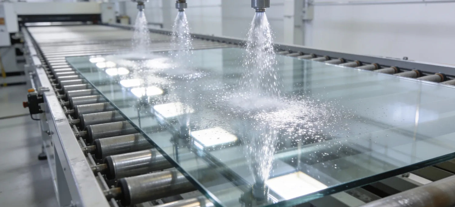 Ligne de fabrication de miroirs : pulvérisation de l'argenture sur une plaque de verre float 