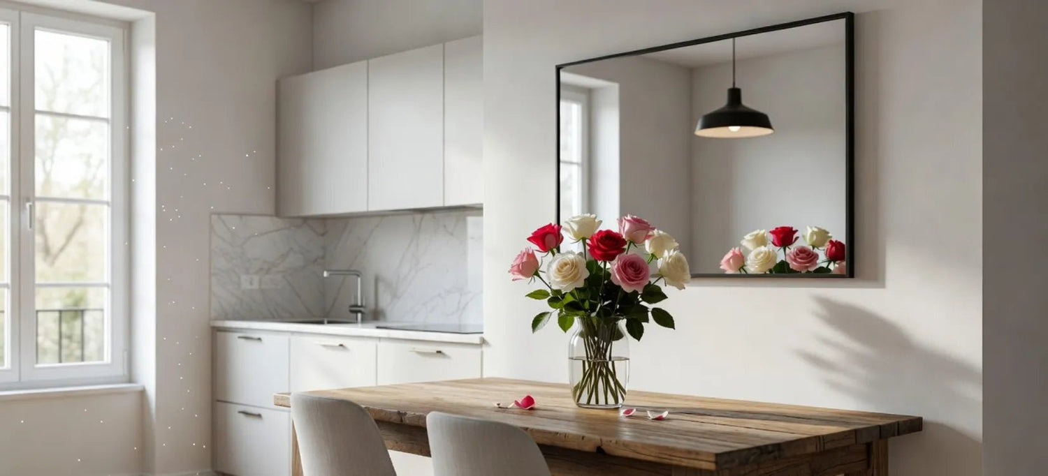 Miroir mural au-dessus du coin repas d'une cuisine, reflétant la fenêtre et la lumière du jour.