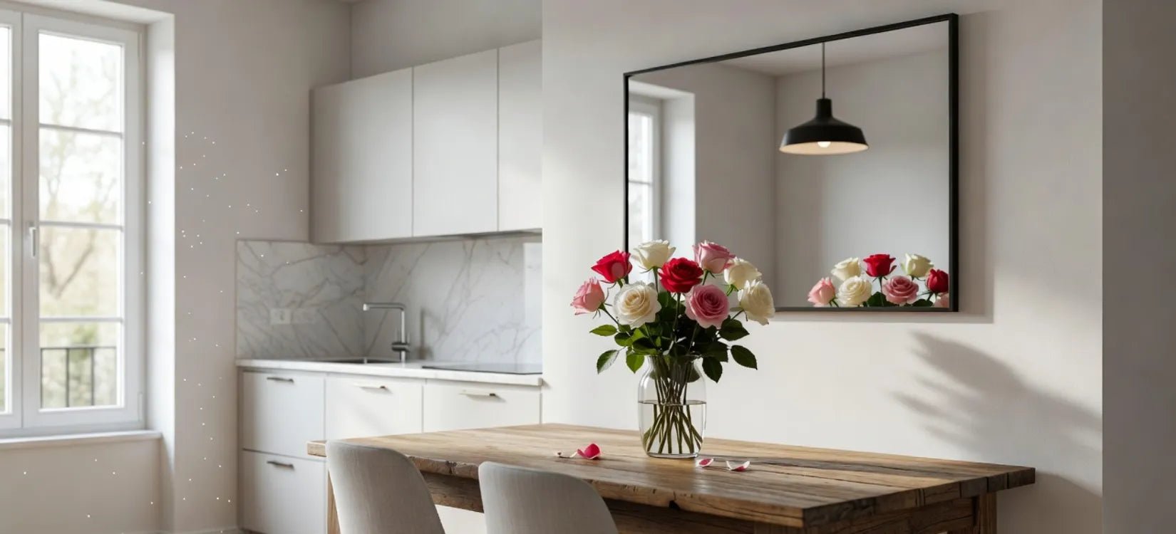 Miroir mural au-dessus du coin repas d'une cuisine, reflétant la fenêtre et la lumière du jour.