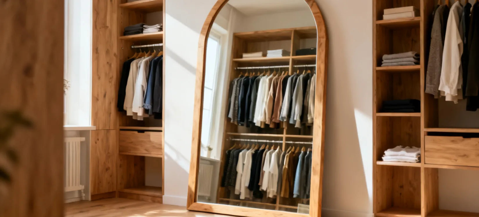 Dressing moderne avec grand miroir arche posé au sol reflétant les penderies.