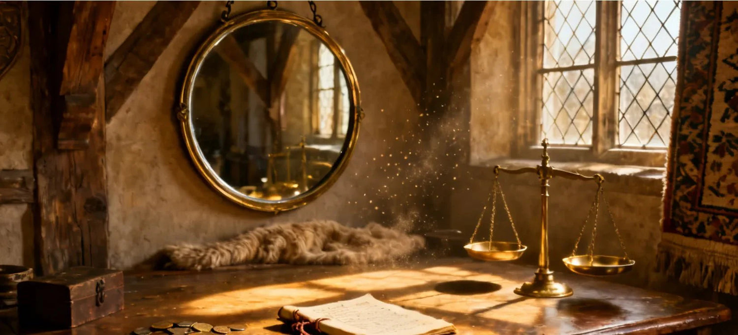 Miroir rond doré suspendu dans un intérieur de marchand flamand, avec balance et pièces.