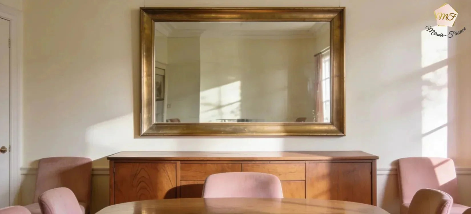 Grand miroir au-dessus d'un buffet dans une salle à manger lumineuse.