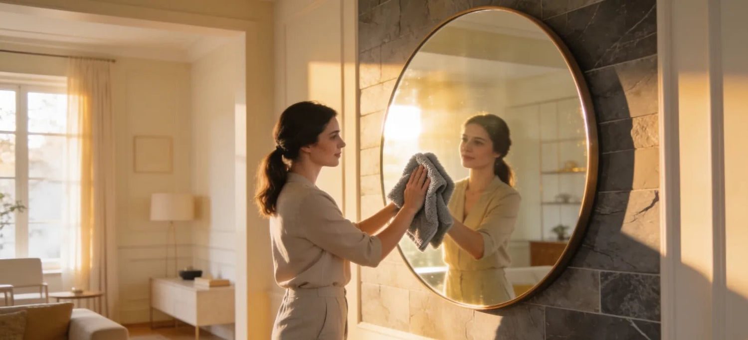 Femme nettoyant un grand miroir rond doré sans traces avec un chiffon microfibre