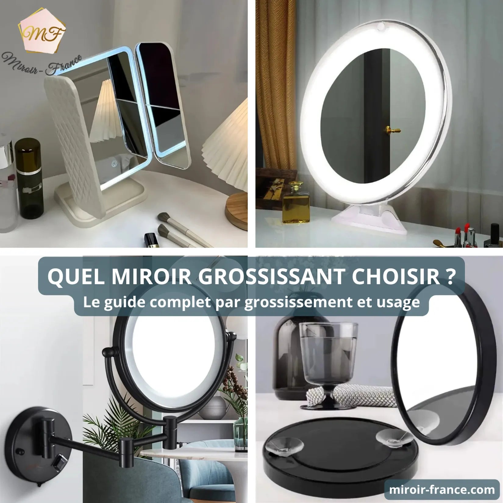 Quel miroir grossissant choisir : guide complet par grossissement et usage avec 4 formats Miroir France (triptyque lumineux, rond LED sur pied, mural à bras articulé, portable à ventouse)