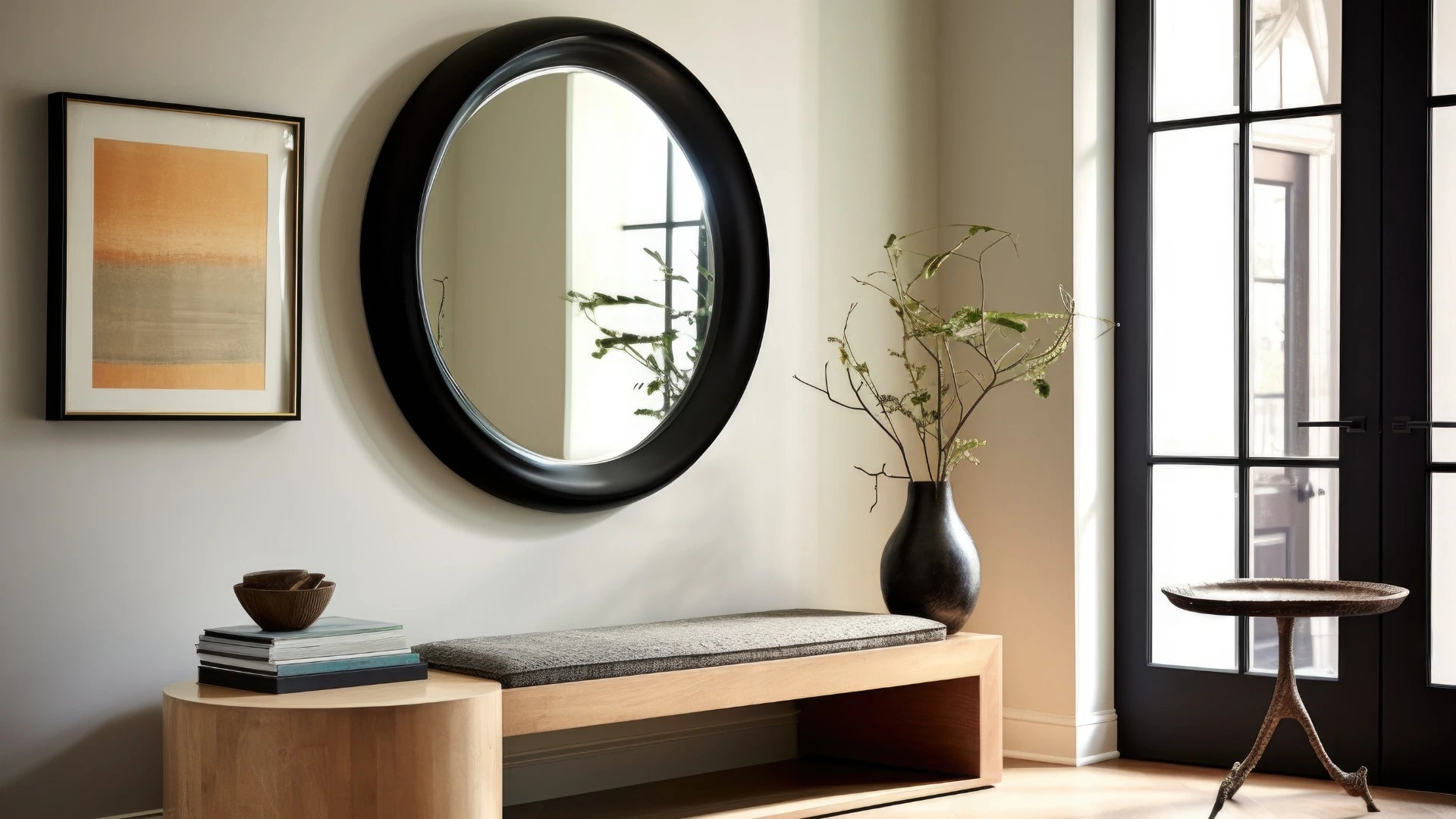 Miroir rond minimaliste au cadre fin, placé dans un espace épuré aux tons neutres, caractéristique du style minimaliste avec une décoration sobre et élégante