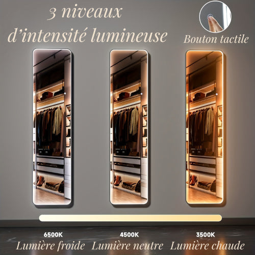 Miroir lumineux avec réglage de couleur 6500K blanc, 4500K chaud, et 3500K jaune