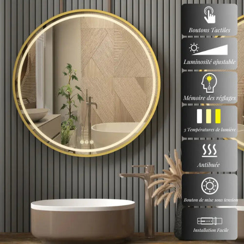 Miroir rond LED 60 cm avec technologie de mémoire et installation facile