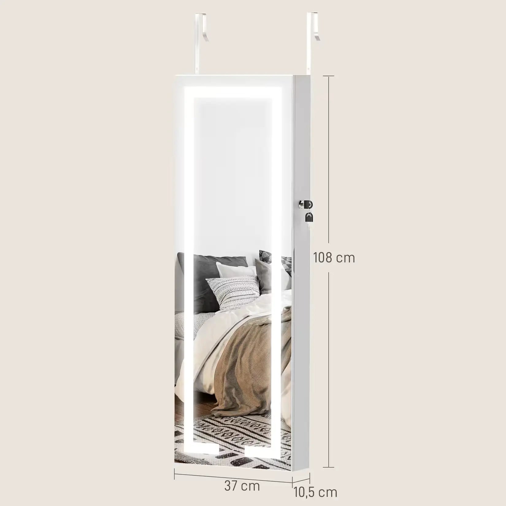 Armoire à bijoux avec miroir LED, dimensions 108 x 37 x 10,5 cm, design mural ou porte suspendue.