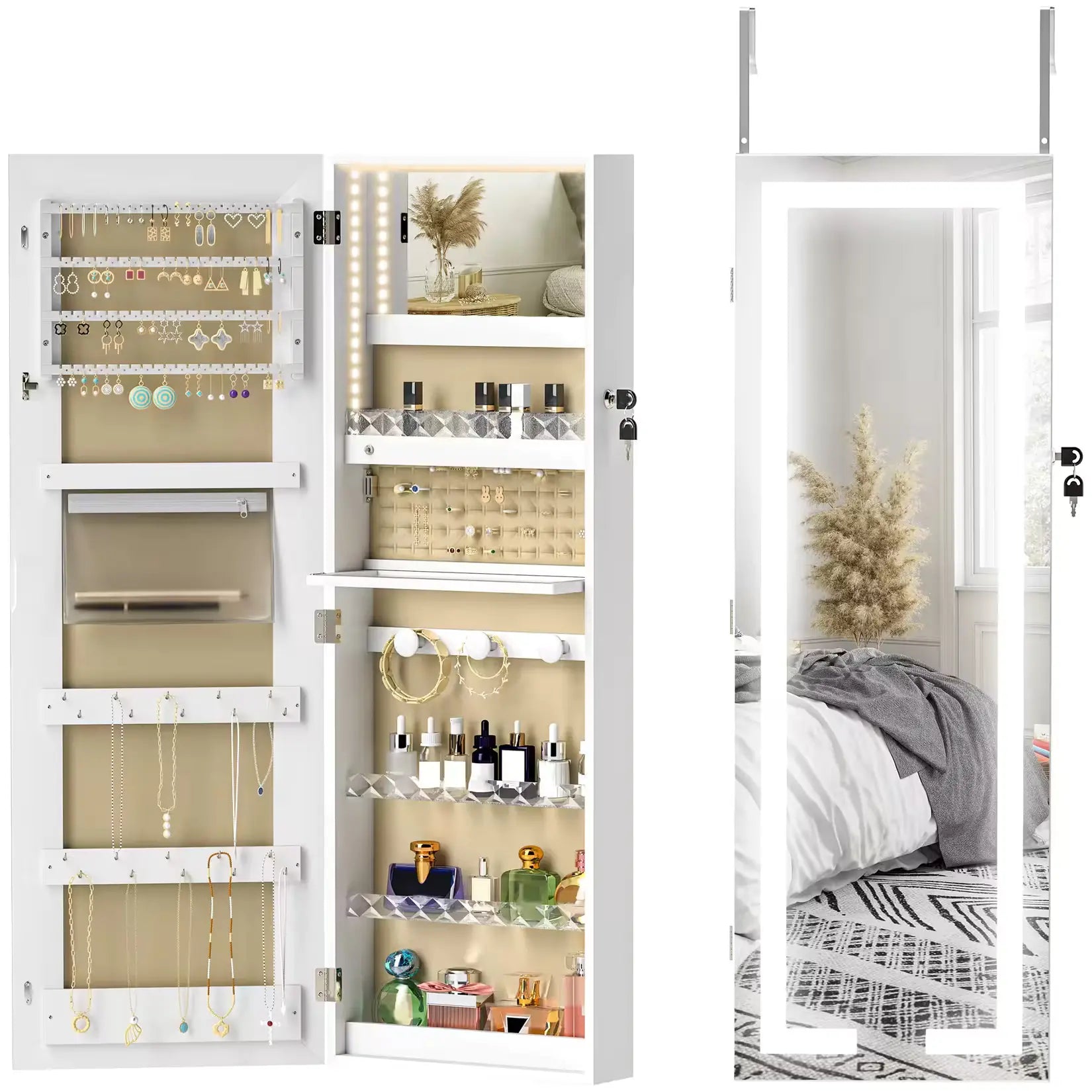 Armoire à bijoux avec miroir LED blanc, intérieur spacieux avec crochets, fentes, boîtes et compartiments.