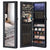 Armoire à bijoux avec miroir noire ouverte, contenant colliers, bagues et cosmétiques.