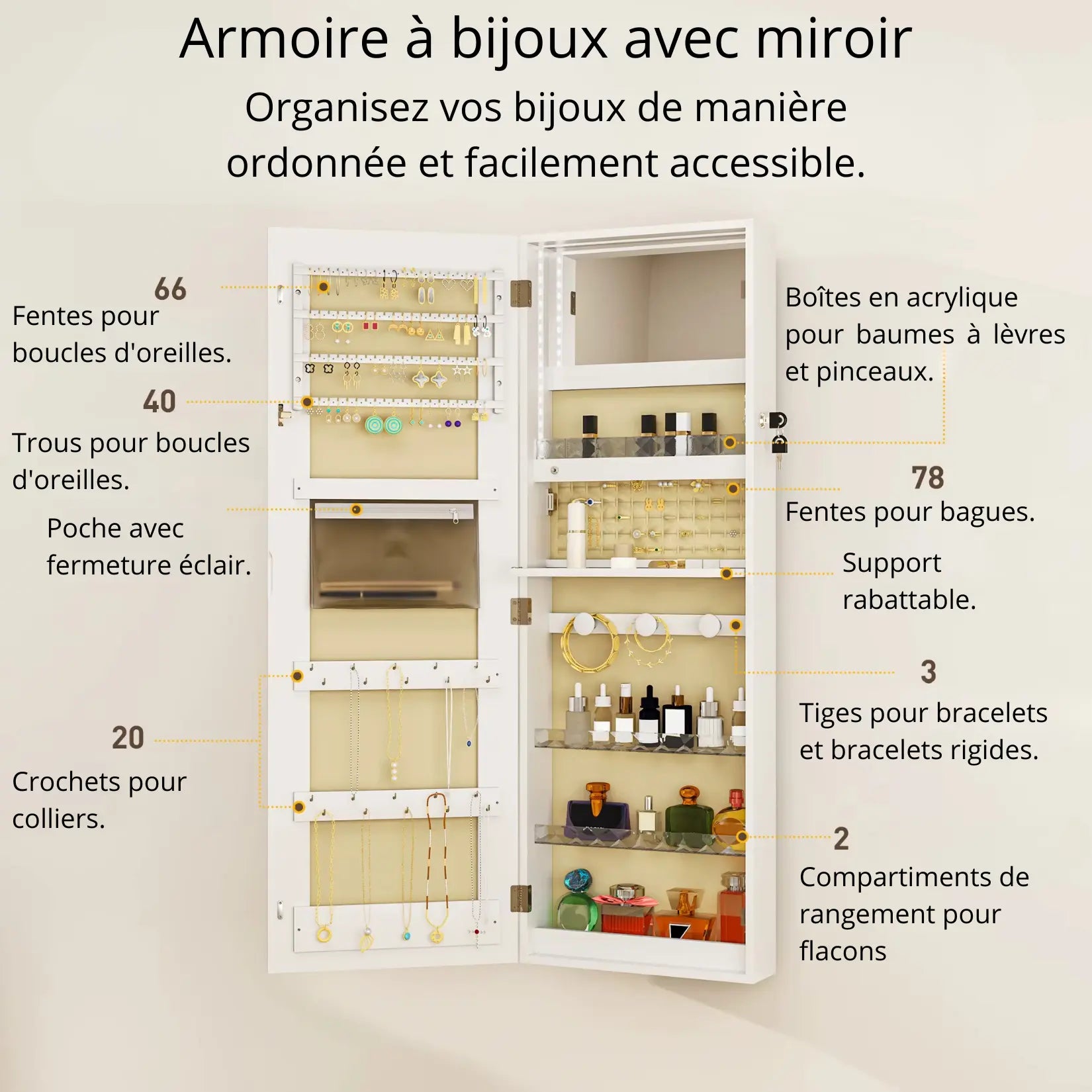 Armoire à bijoux avec miroir et éclairage LED intérieur, rangements multiples pour bagues, colliers et boucles d’oreilles.